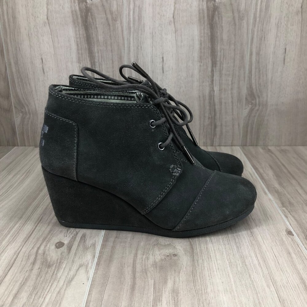 Toms Wedge Ankle Boots Womens 6 Desert Gray Suede Lace Up Booties